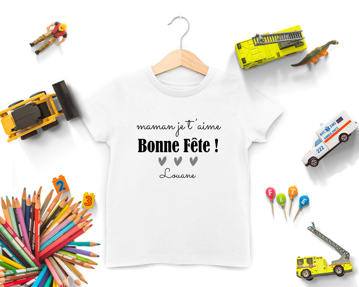 Lebonshirt - T-shirt Enfant Premium Coton Bio - Maman Je T'aime, Bonne FĂȘte - L040623S02