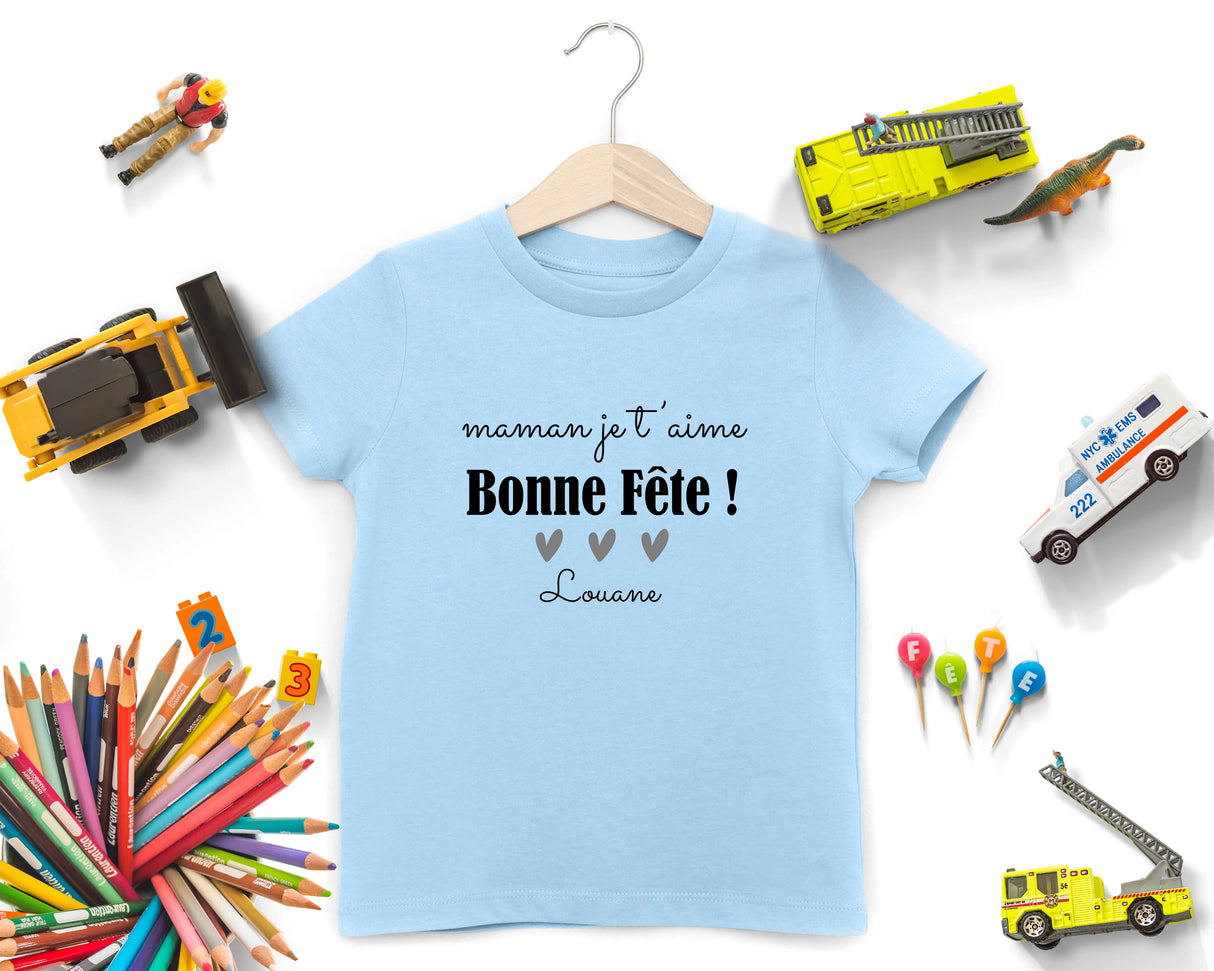 Lebonshirt - T-shirt Enfant Premium Coton Bio - Maman Je T'aime, Bonne FĂȘte - L040623S02