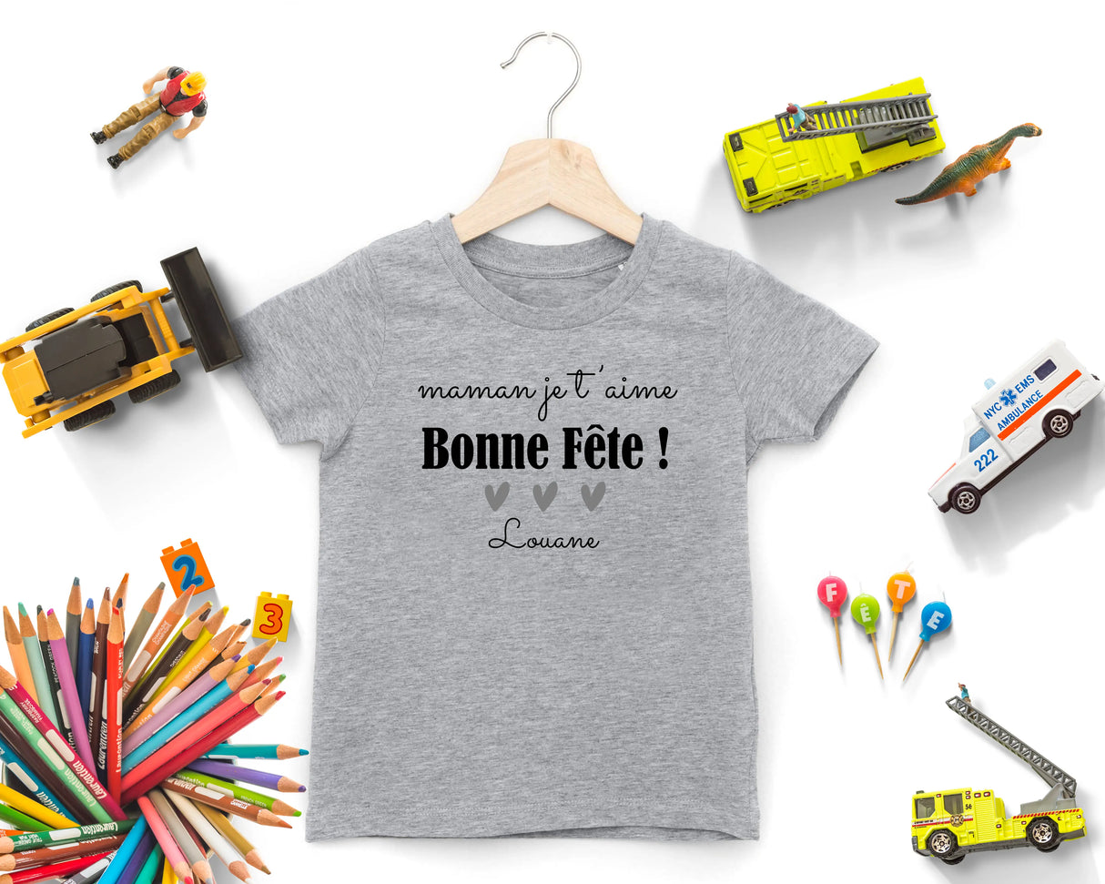 Lebonshirt - T-shirt Enfant Premium Coton Bio - Maman Je T'aime, Bonne FĂȘte - L040623S02
