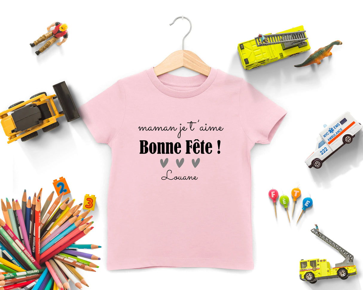 Lebonshirt - T-shirt Enfant Premium Coton Bio - Maman Je T'aime, Bonne FĂȘte - L040623S02