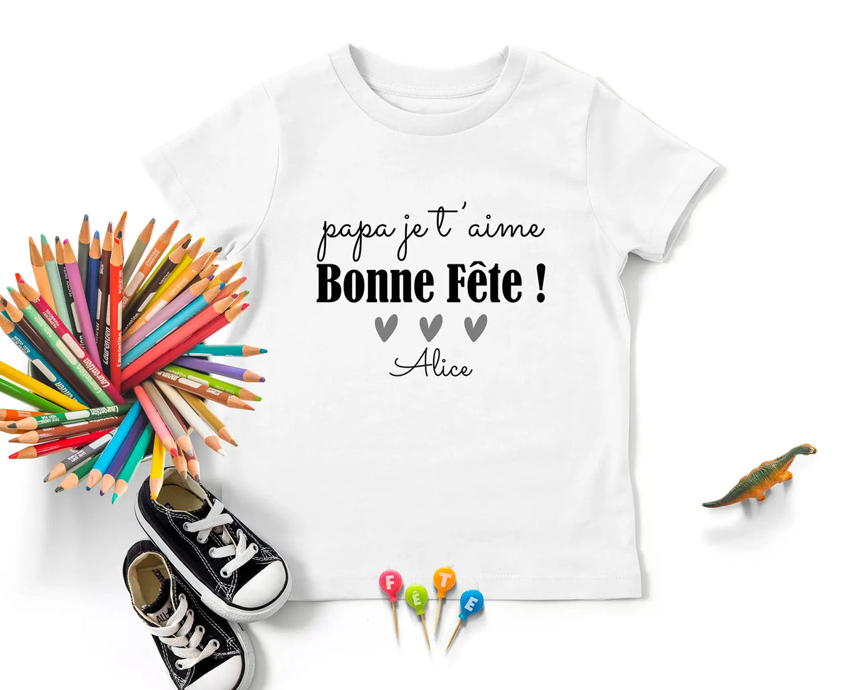 Lebonshirt - T-shirt Enfant Premium Coton Bio - Papa Je T'aime, Bonne FĂȘte - L040623S02 Blanc