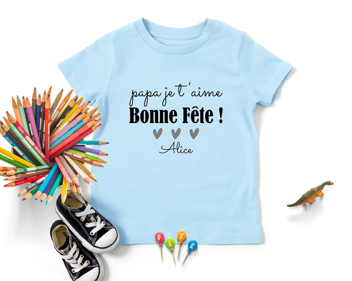 Lebonshirt - T-shirt Enfant Premium Coton Bio - Papa Je T'aime, Bonne FĂȘte - L040623S02 Bleu