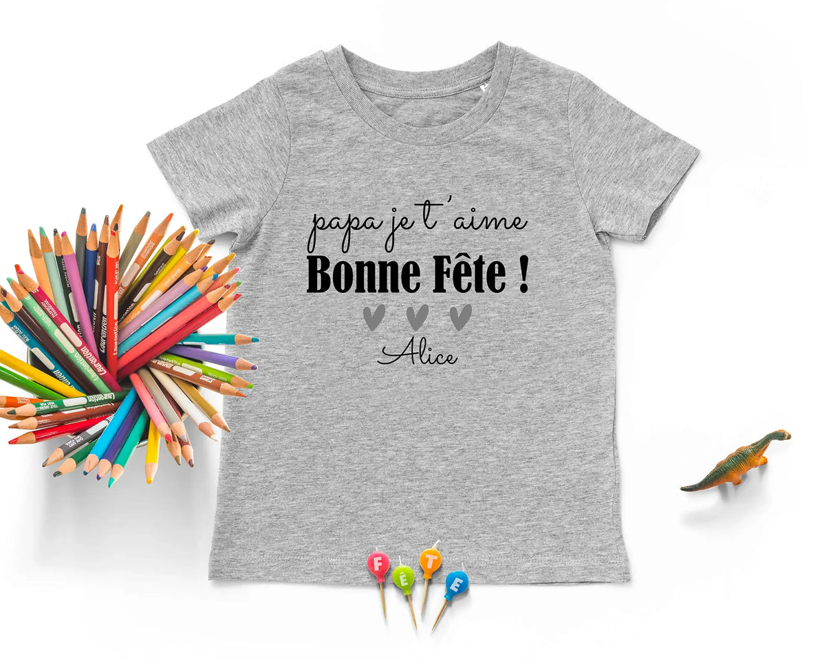 Lebonshirt - T-shirt Enfant Premium Coton Bio - Papa Je T'aime, Bonne FĂȘte - L040623S02 Gris