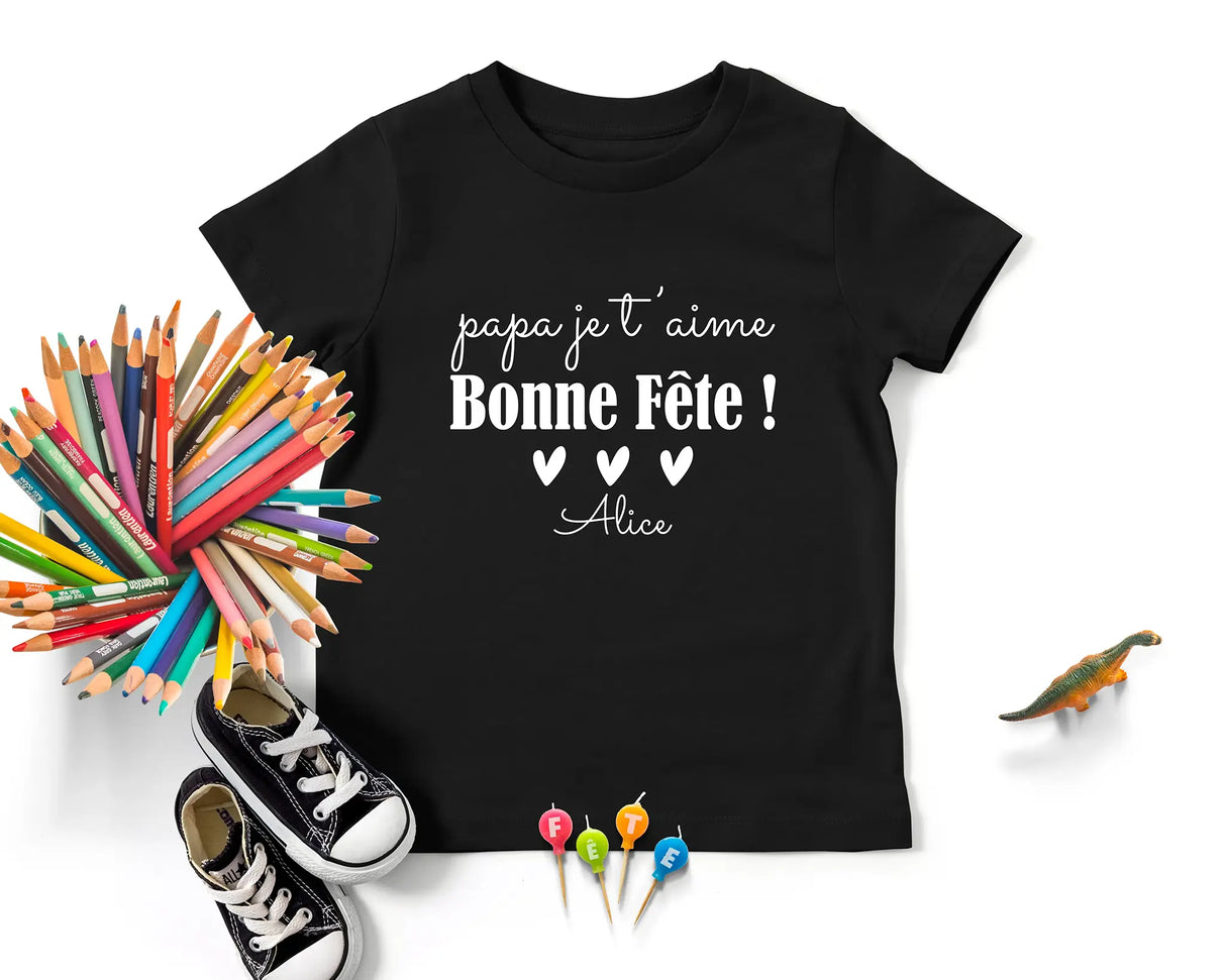 Lebonshirt - T-shirt Enfant Premium Coton Bio - Papa Je T'aime, Bonne FĂȘte - L040623S02 Noir