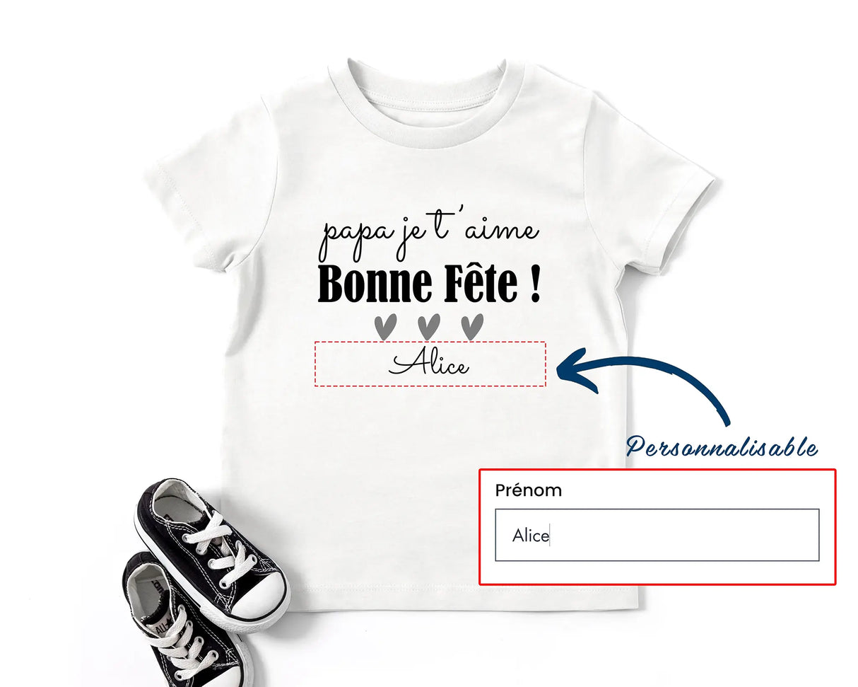 Lebonshirt - T-shirt Enfant Premium Coton Bio - Papa Je T'aime, Bonne FĂȘte - L040623S02 Personnaliser Avec PrĂ©nom d'Enfant