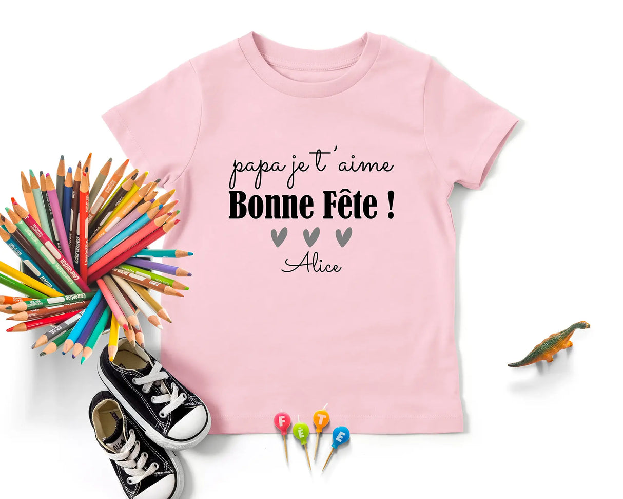 Lebonshirt - T-shirt Enfant Premium Coton Bio - Papa Je T'aime, Bonne FĂȘte - L040623S02 Rose