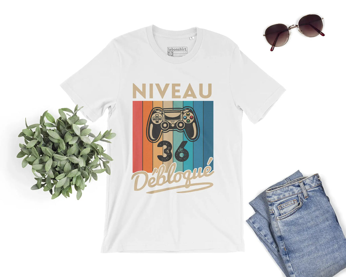 T-shirt Homme Niveau 36 Débloqué - Cadeau Parfait Anniversaire 36 Ans - L240522S01_36 Blanc