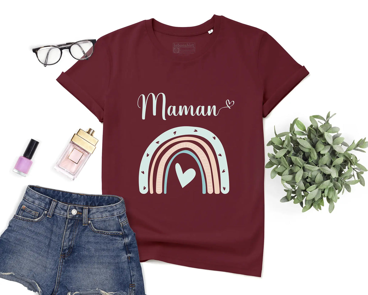 Lebonshirt - T-shirt Premium Femme 100% Coton Bio - Maman Et Mini, Cadeau Idéal Pour MÚres Et Bébés - L120523S01 Bordeaux