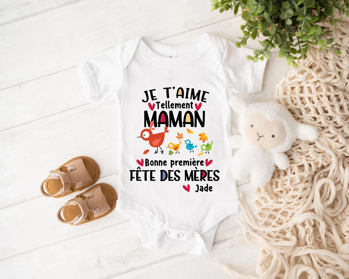 Lebonshirt® Body Bébé Personnalisé 100% Coton Bio - Je T'aime Tellement Maman, Bonne Première Fête Des Mères - L140522S04 Blanc