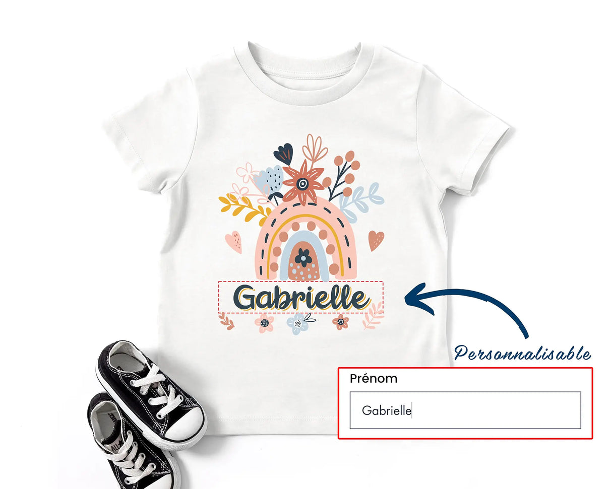 Lebonshirt® T-Shirt Premium Enfant 100% Coton Bio - Arc En Ciel Et Fleurs, Prénom Personnalisé, Cadeau Enfant - L070523S01 Personnaliser Avec Prénom
