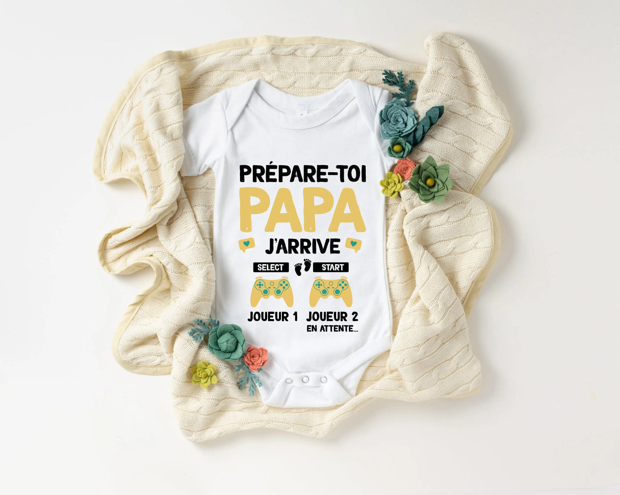 Lebonshirt® Body Bébé Personnalisé 100% Coton Bio - Prépare-Toi Papa, J'arrive, Futur Papa Gamer Cadeau Annonce Grossesse Père - L270522S46