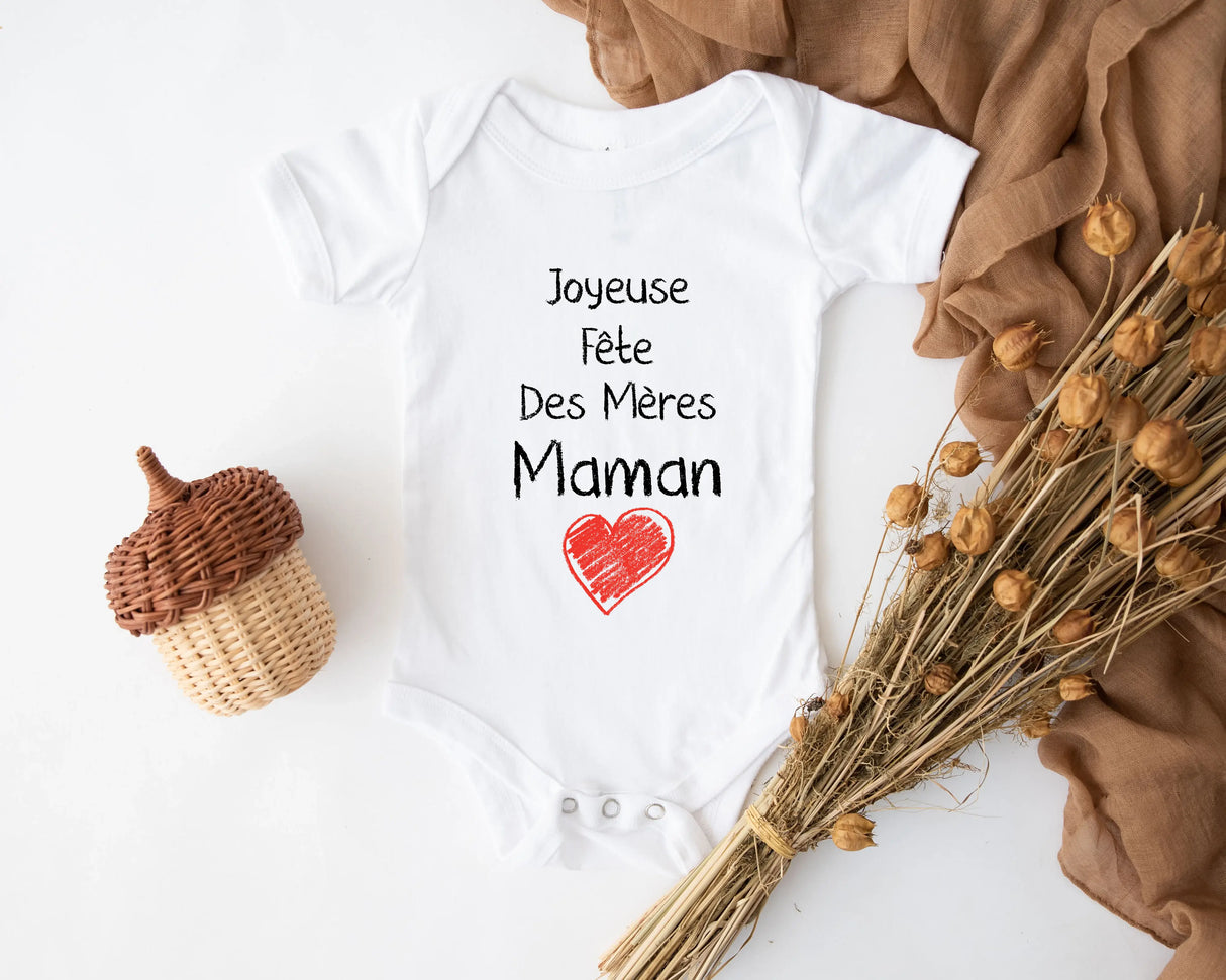 Lebonshirt® Body Bébé 100% Coton Bio - Joyeuse Fête Des Mères Maman, Cadeau Nouveau Né - L060522S23 - Blanc