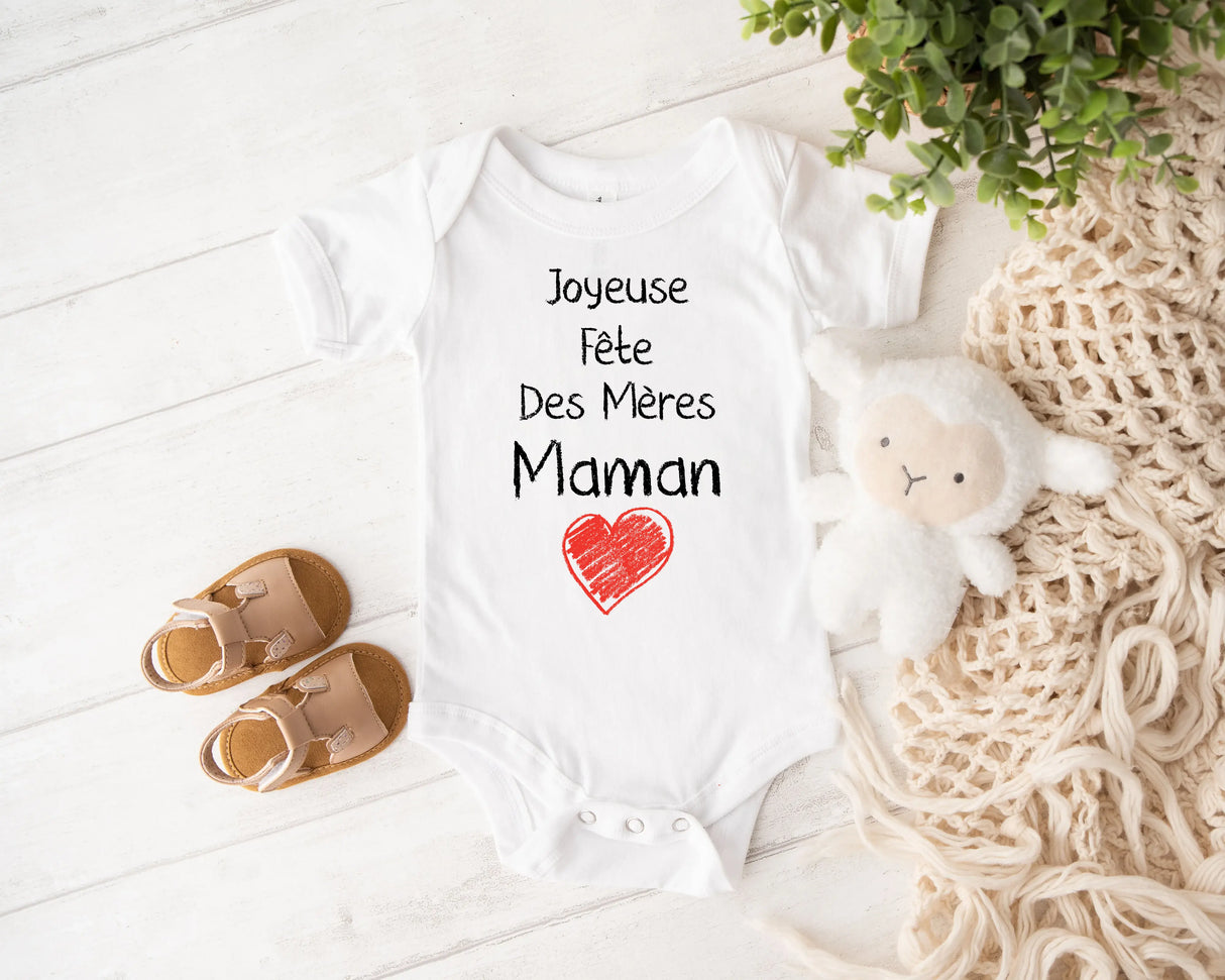 Lebonshirt® Body Bébé 100% Coton Bio - Joyeuse Fête Des Mères Maman, Cadeau Nouveau Né - L060522S23 - Blanc
