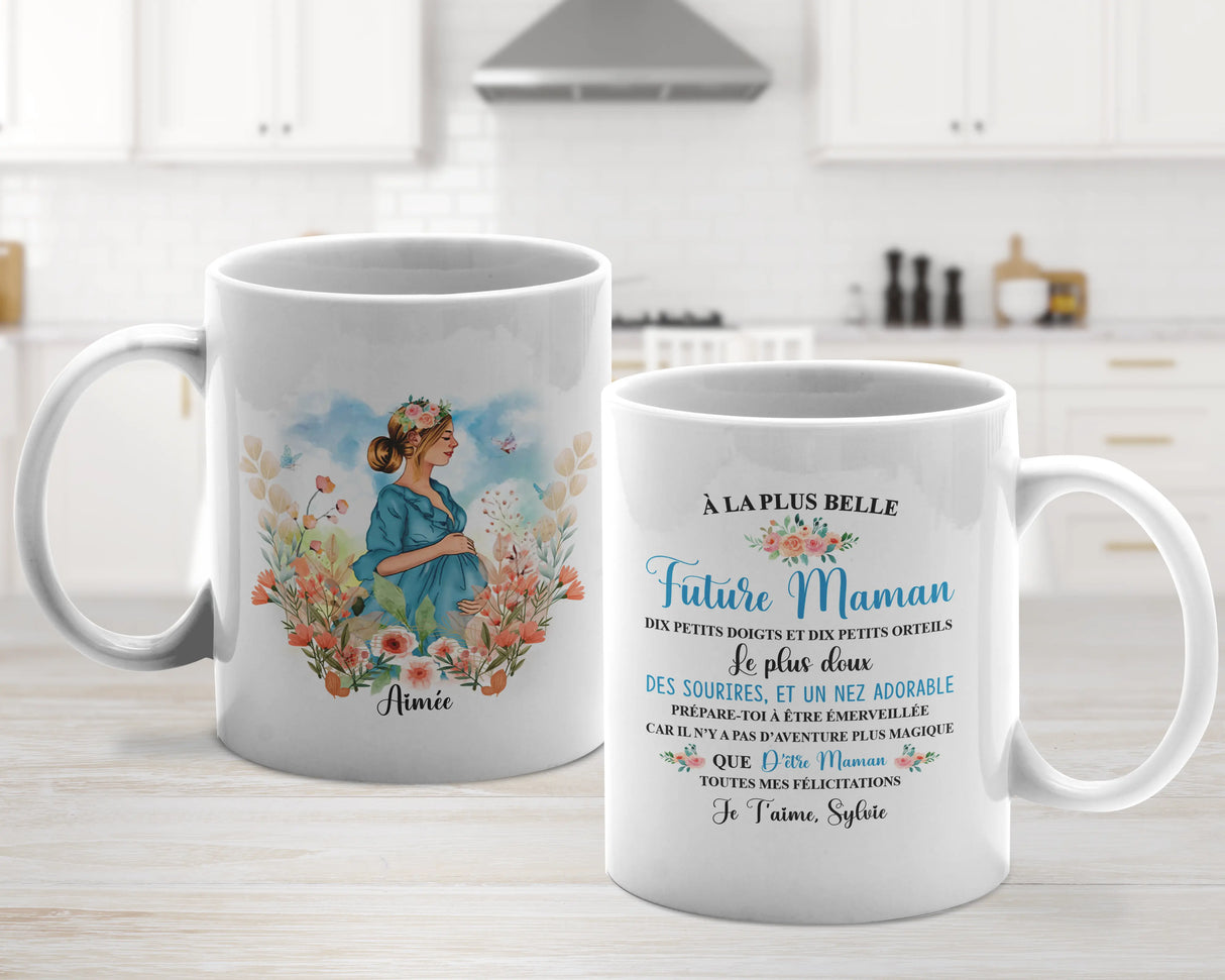 Lebonshirt® Mug Céramique Impression Panoramique Personnalisé - Future Maman, La Plus Belle, Le Plus Doux - L060522S28 - Blanc