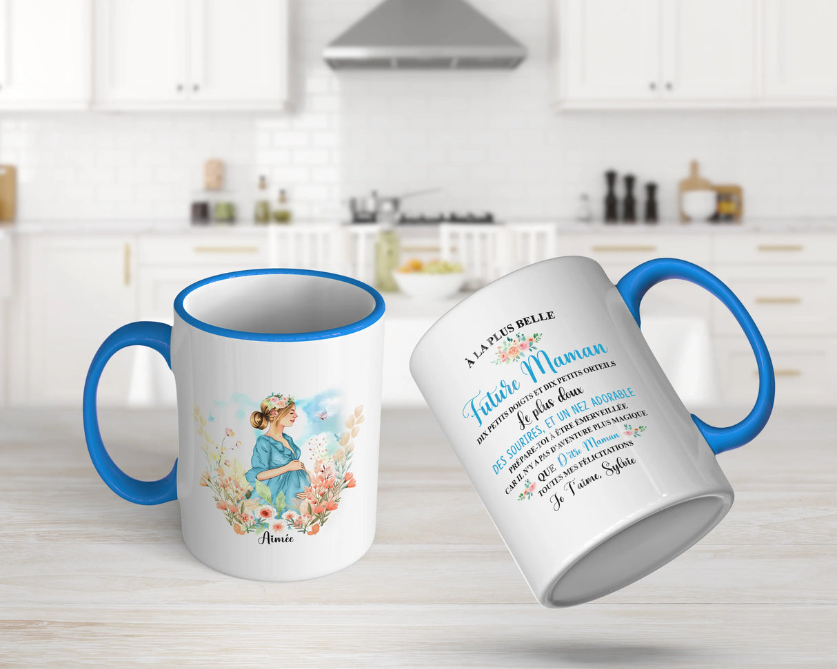 Lebonshirt® Mug Céramique Impression Panoramique Personnalisé - Future Maman, La Plus Belle, Le Plus Doux - L060522S28 - Bleu
