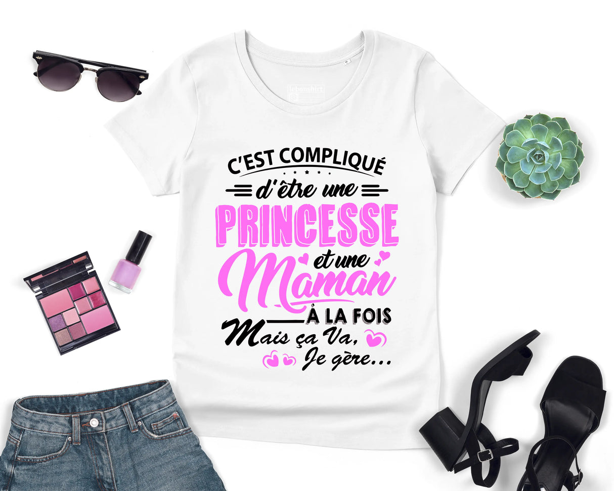 Lebonshirt® T-shirt Premium Femme Coton Bio - C'est Compliqué D'être Une Princesse Et Une Maman - L060522S22 - Blanc