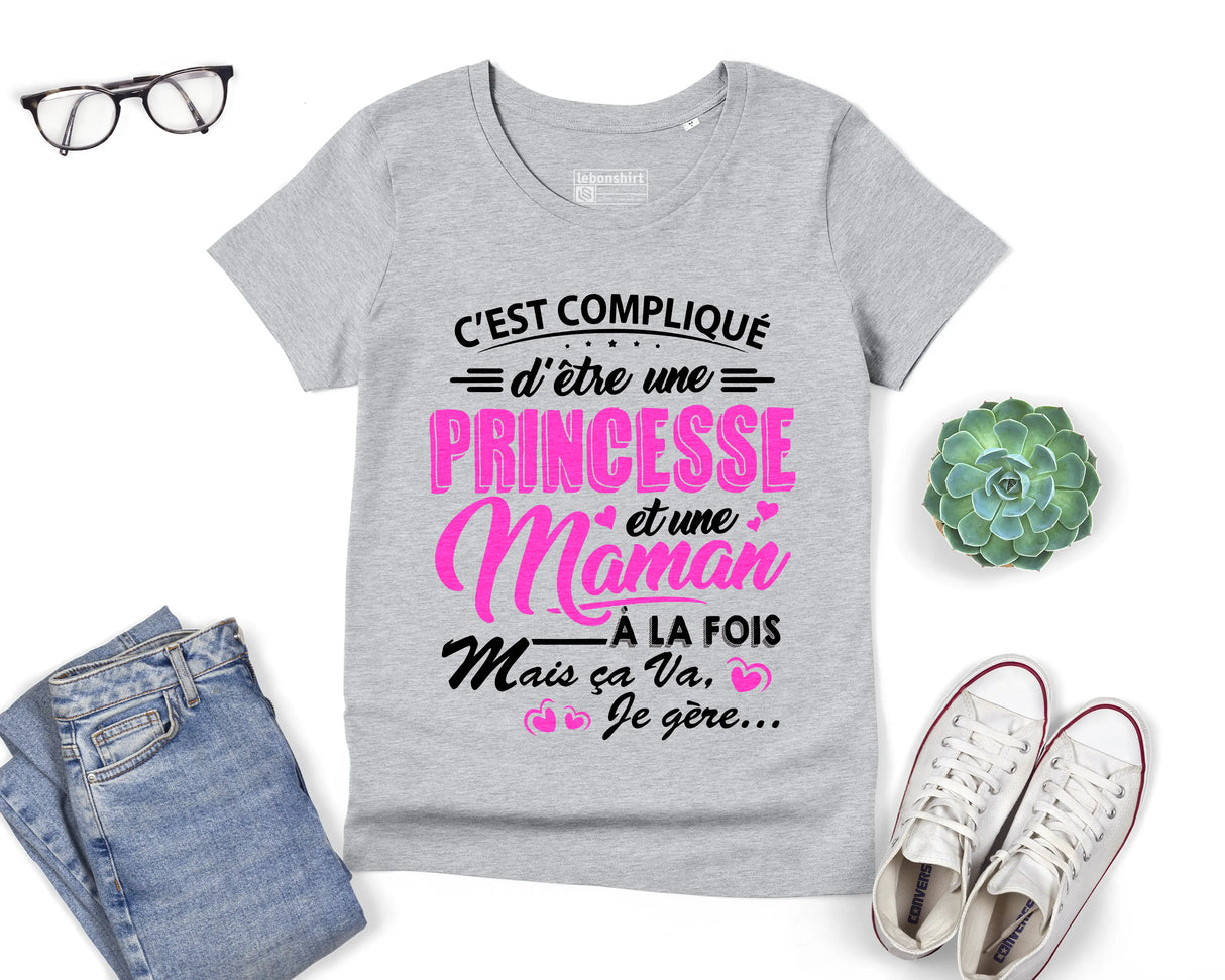 Lebonshirt® T-shirt Premium Femme Coton Bio - C'est Compliqué D'être Une Princesse Et Une Maman - L060522S22 - Gris