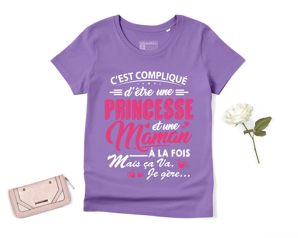 Lebonshirt® T-shirt Premium Femme Coton Bio - C'est Compliqué D'être Une Princesse Et Une Maman - L060522S22 - Lavande