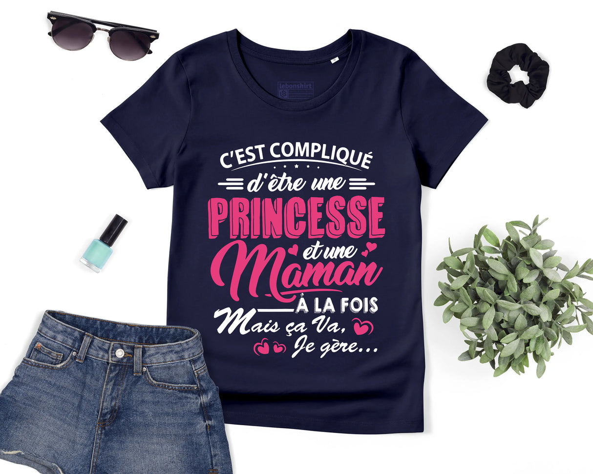Lebonshirt® T-shirt Premium Femme Coton Bio - C'est Compliqué D'être Une Princesse Et Une Maman - L060522S22 - Marine