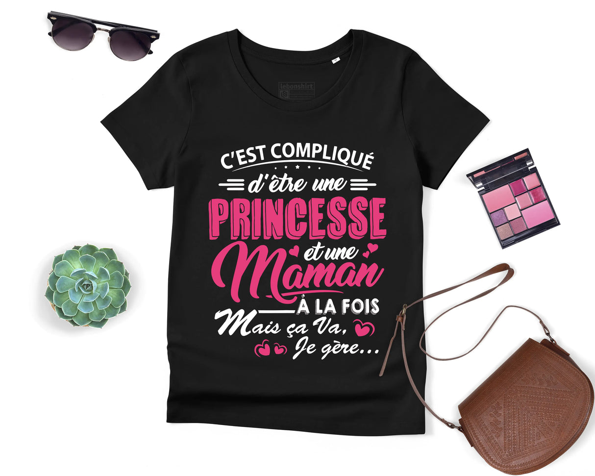 Lebonshirt® T-shirt Premium Femme Coton Bio - C'est Compliqué D'être Une Princesse Et Une Maman - L060522S22 - Noir