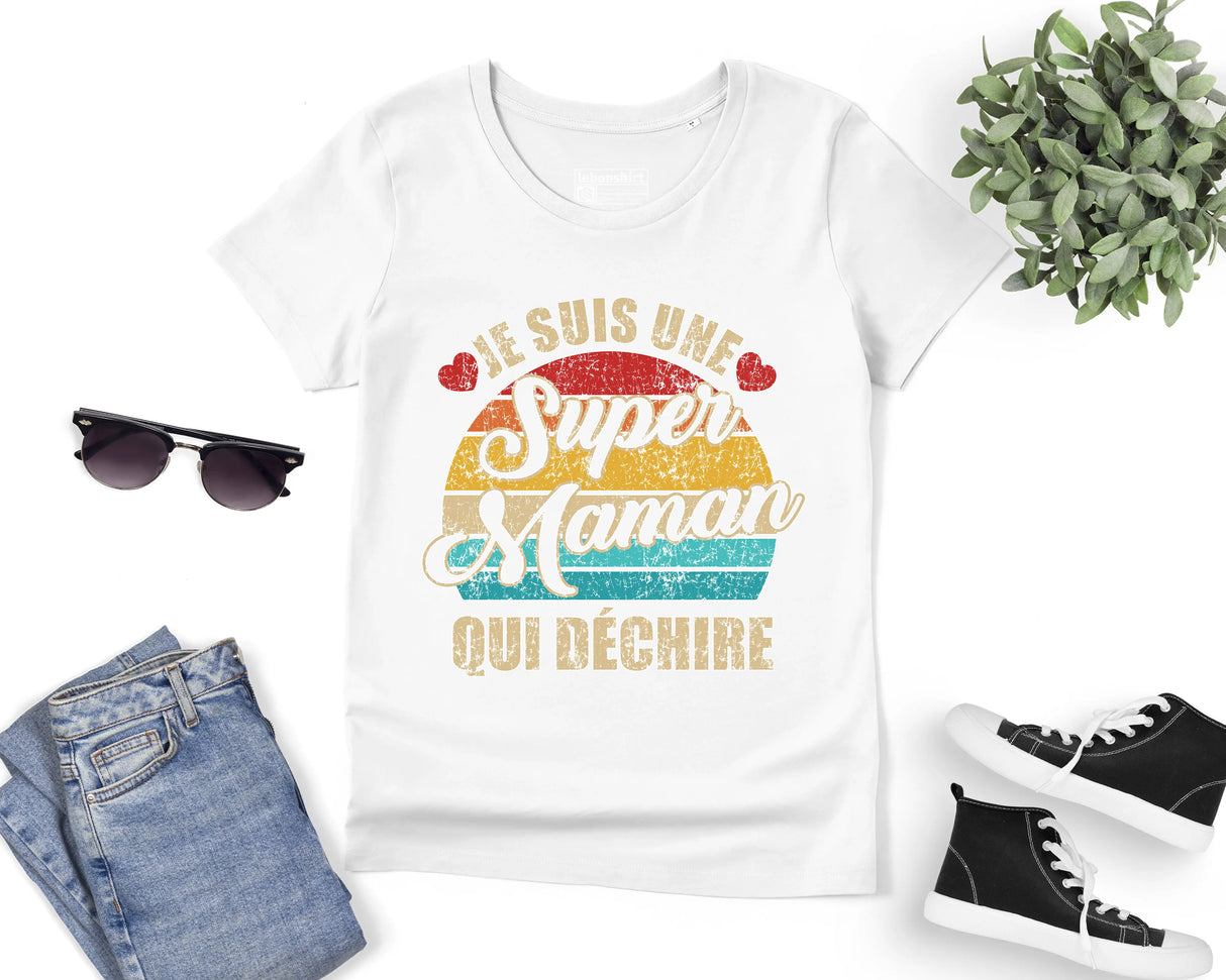 Lebonshirt® T-shirt Premium Femme Coton Bio - Je Suis Une Super Maman Qui Déchire - L050522S12 - Blanc