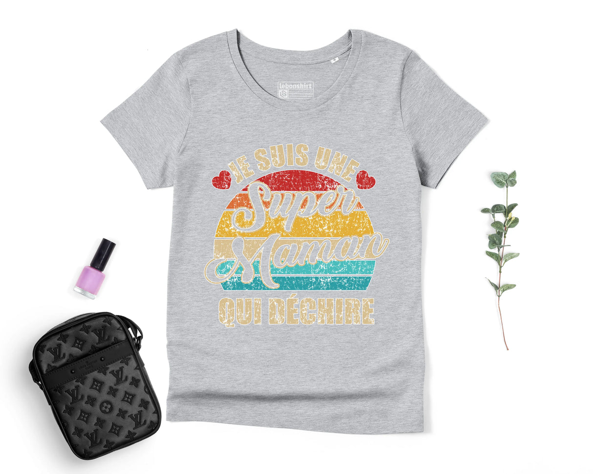 Lebonshirt® T-shirt Premium Femme Coton Bio - Je Suis Une Super Maman Qui Déchire - L050522S12 - Gris