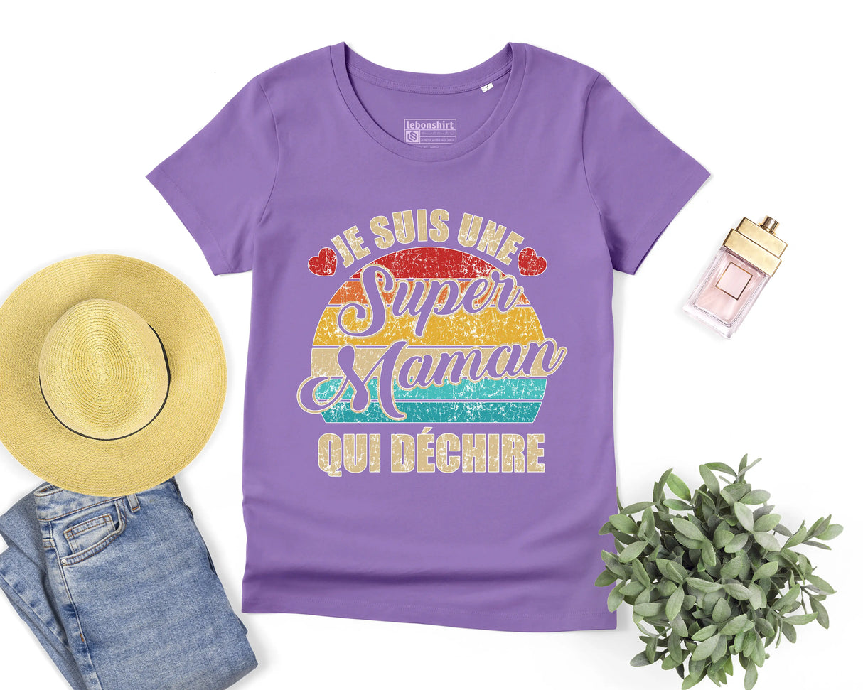 Lebonshirt® T-shirt Premium Femme Coton Bio - Je Suis Une Super Maman Qui Déchire - L050522S12 - Lavande