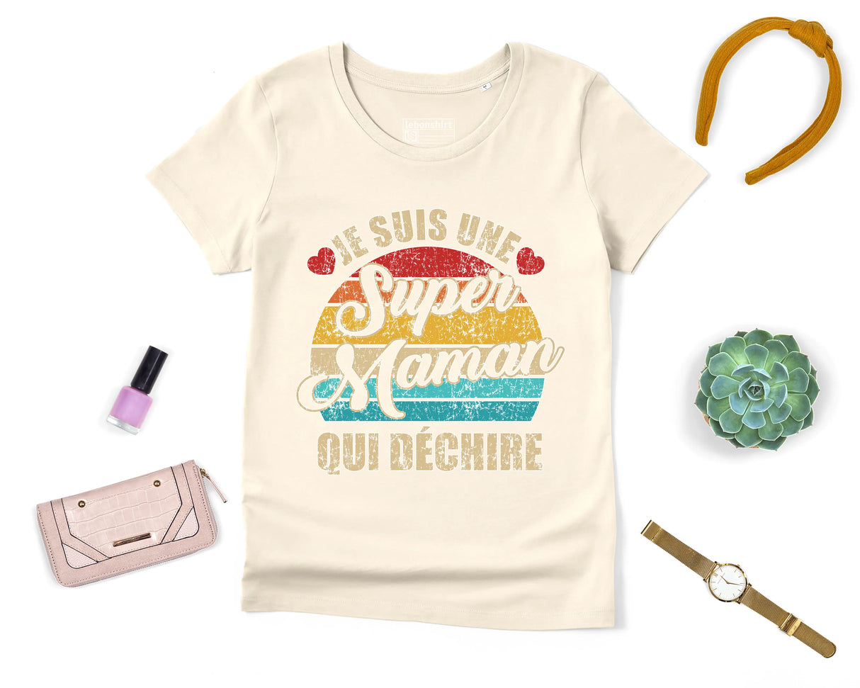 Lebonshirt® T-shirt Premium Femme Coton Bio - Je Suis Une Super Maman Qui Déchire - L050522S12 - Naturel