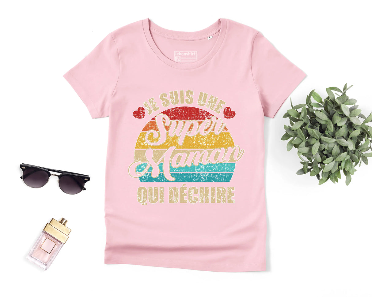 Lebonshirt® T-shirt Premium Femme Coton Bio - Je Suis Une Super Maman Qui Déchire - L050522S12 - Rose
