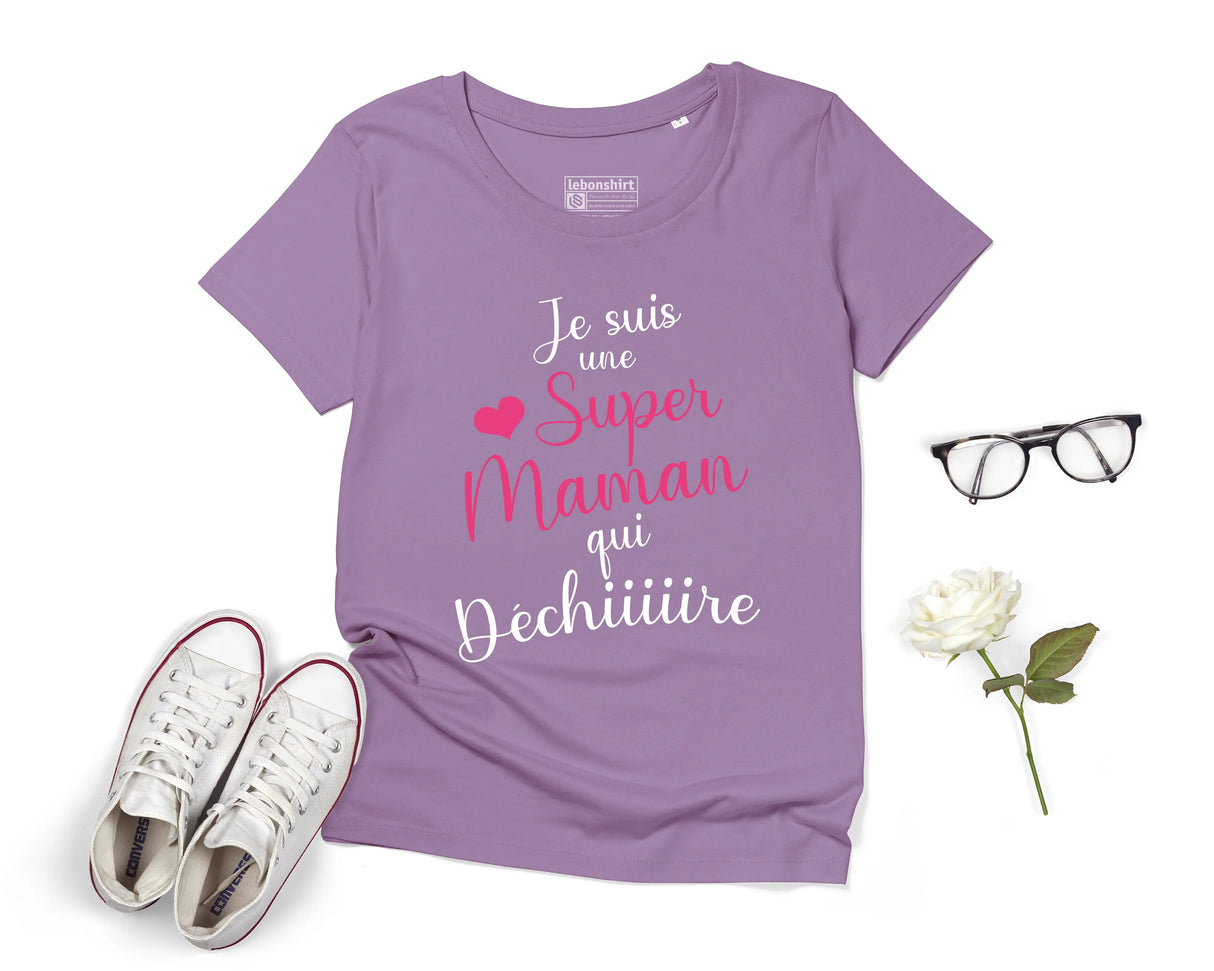 Lebonshirt® T-shirt Premium Femme Coton Bio - Je Suis Une Super Maman Qui Déchire, Cadeau Fête Des Mères - L060522S20 - Lavande