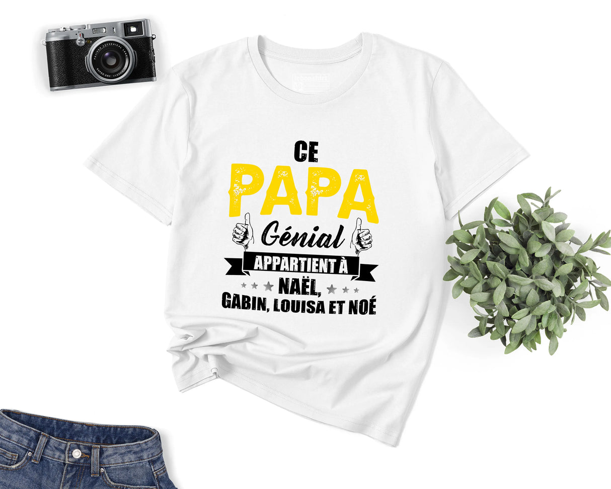 Lebonshirt® T-shirt Premium Homme Coton Bio - Ce Papa Génial Apparteint À, Cadeau Perrsonnalisé Pour Papa Fête Des Pères - L090522S25 - Blanc