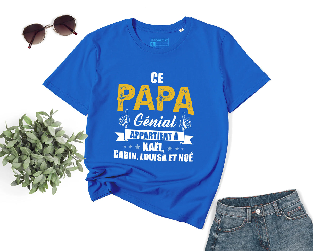Lebonshirt® T-shirt Premium Homme Coton Bio - Ce Papa Génial Apparteint À, Cadeau Perrsonnalisé Pour Papa Fête Des Pères - L090522S25 - Bleu