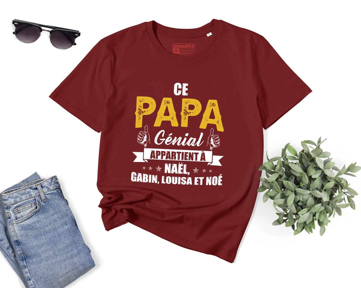 Lebonshirt® T-shirt Premium Homme Coton Bio - Ce Papa Génial Apparteint À, Cadeau Perrsonnalisé Pour Papa Fête Des Pères - L090522S25 - Bordeaux