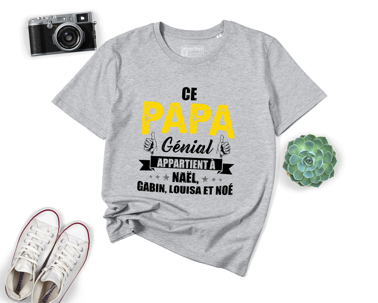 Lebonshirt® T-shirt Premium Homme Coton Bio - Ce Papa Génial Apparteint À, Cadeau Perrsonnalisé Pour Papa Fête Des Pères - L090522S25 - Gris