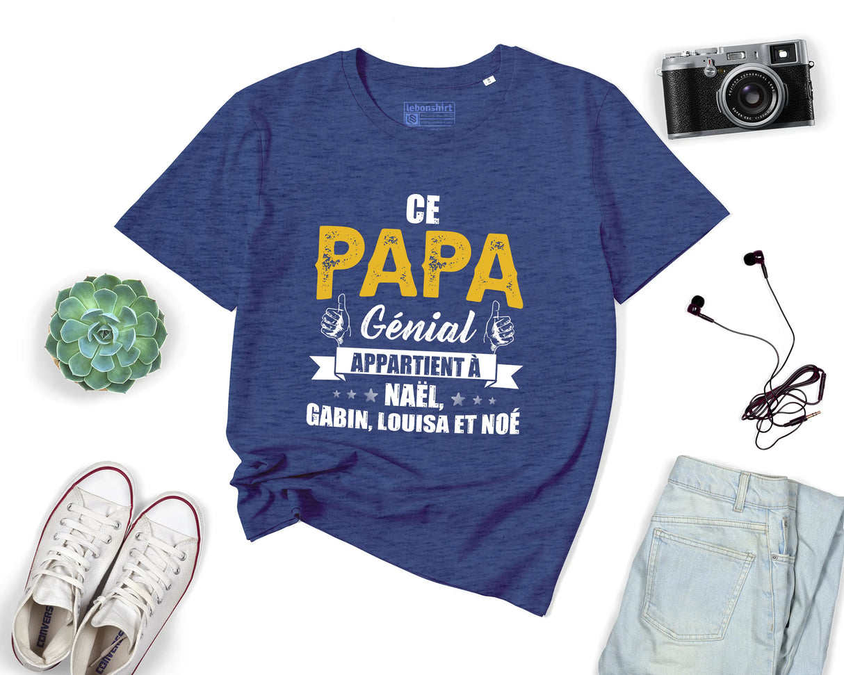 Lebonshirt® T-shirt Premium Homme Coton Bio - Ce Papa Génial Apparteint À, Cadeau Perrsonnalisé Pour Papa Fête Des Pères - L090522S25 - Indigo