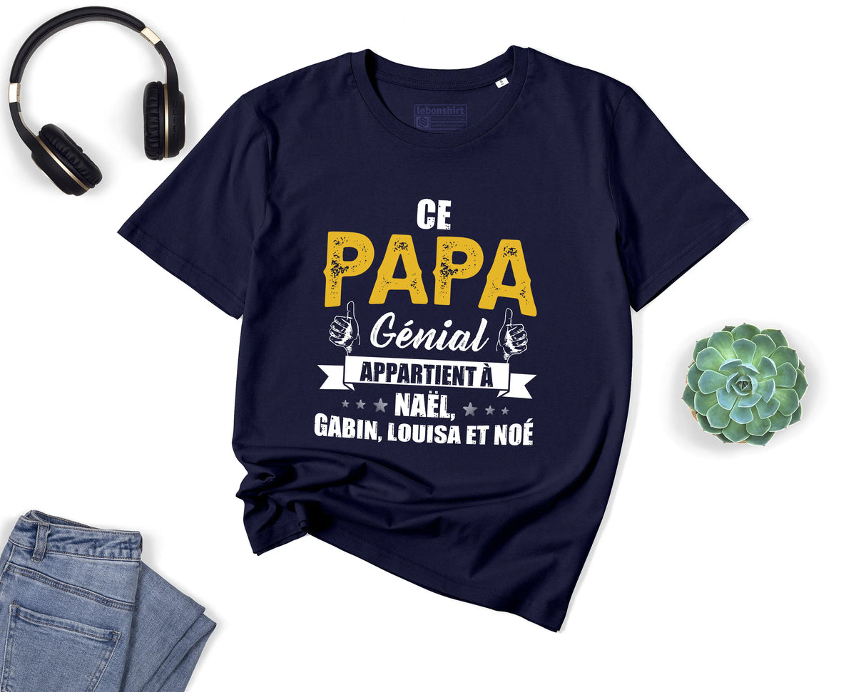 Lebonshirt® T-shirt Premium Homme Coton Bio - Ce Papa Génial Apparteint À, Cadeau Perrsonnalisé Pour Papa Fête Des Pères - L090522S25 - Marine
