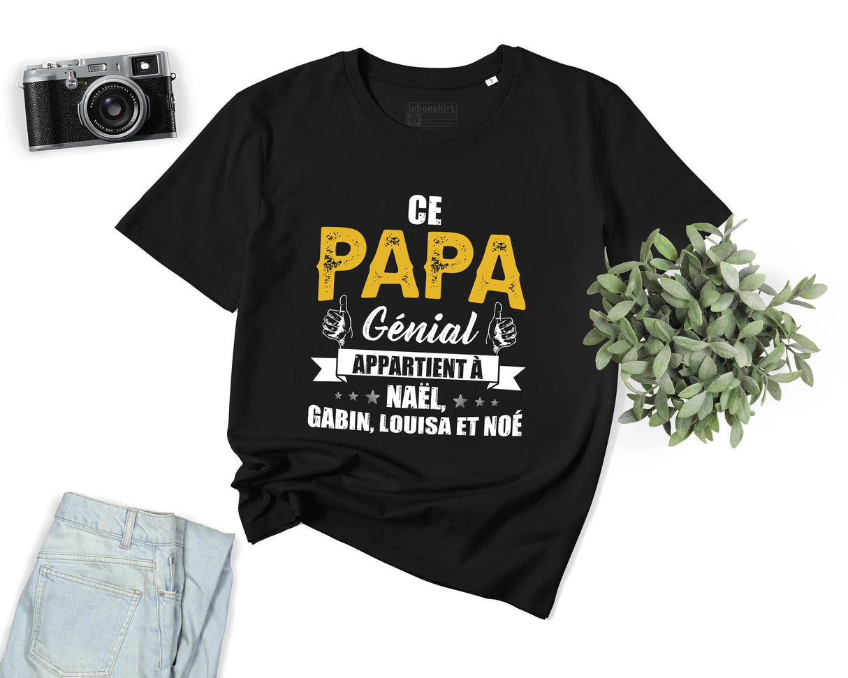Lebonshirt® T-shirt Premium Homme Coton Bio - Ce Papa Génial Apparteint À, Cadeau Perrsonnalisé Pour Papa Fête Des Pères - L090522S25 - Noir