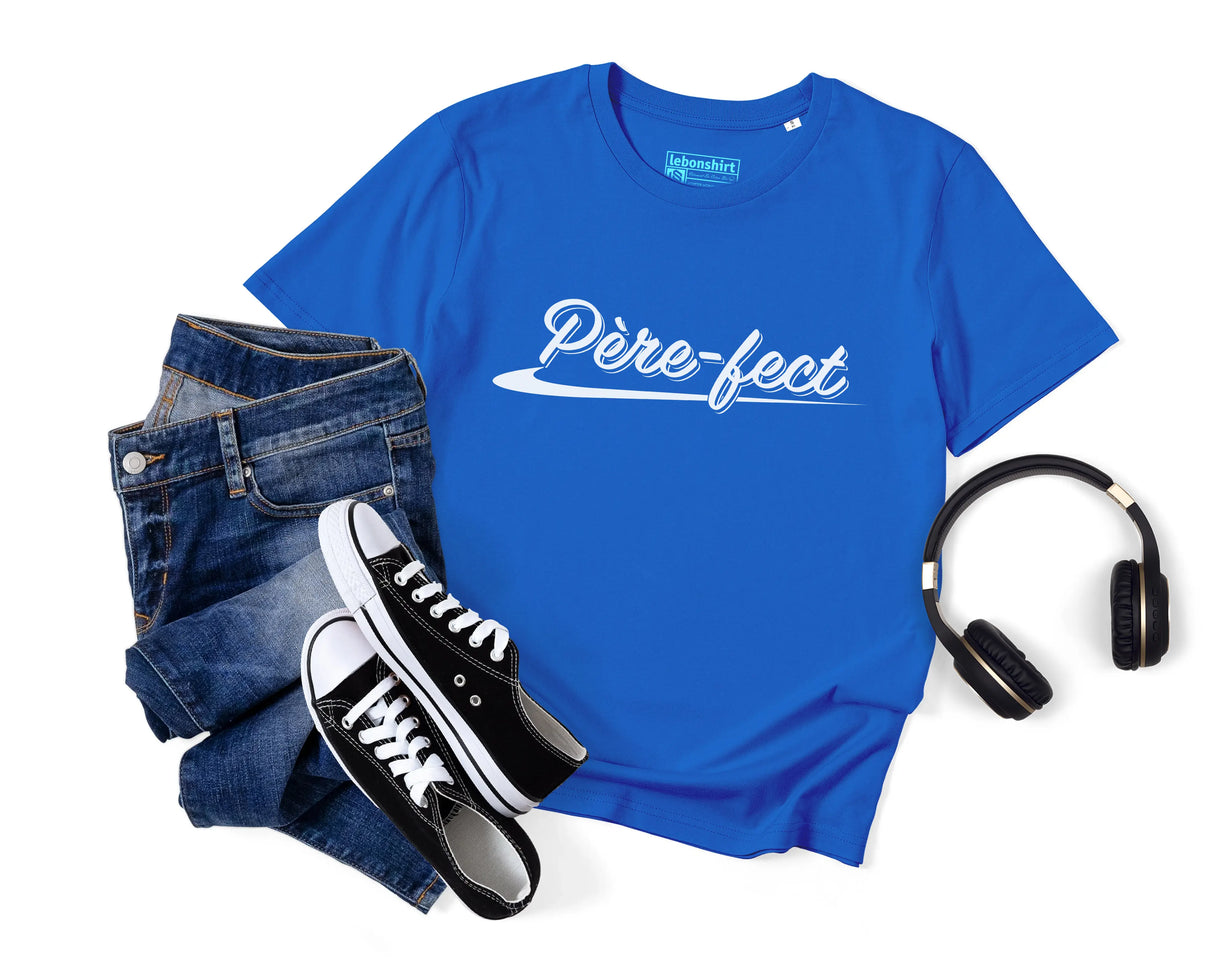 Lebonshirt® T-shirt Premium Homme Coton Bio - Pèrefect, Cadeau Original Papa Parfait - L050522S14 - Bleu