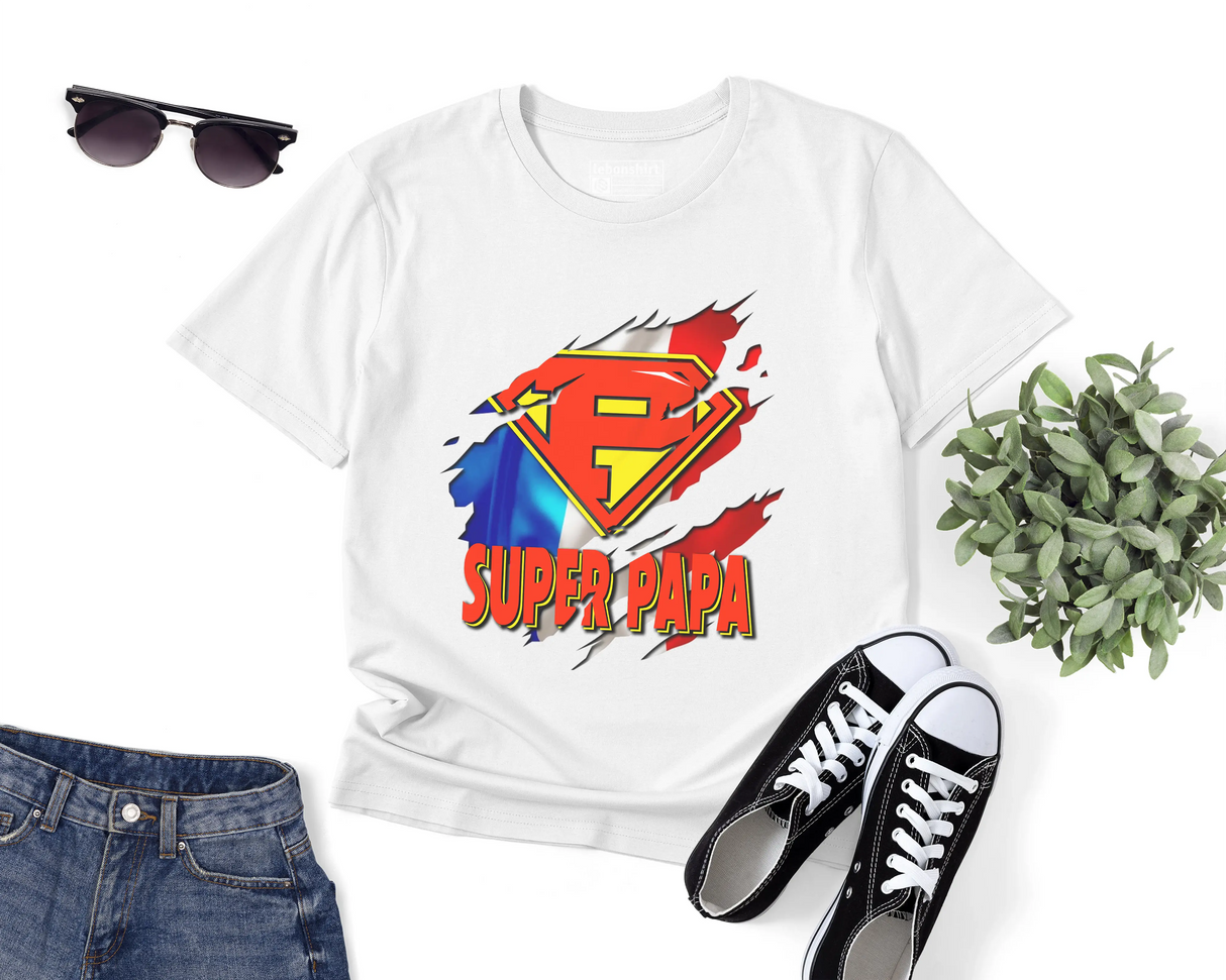 Lebonshirt® T-shirt Premium Homme Coton Bio - Super Papa, Drapeau France, Cadeau Idéal Pour Papa Héro - L100522S27 - Blanc