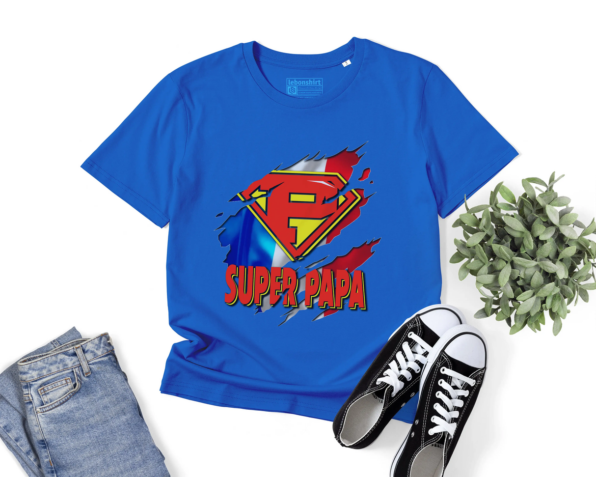 Lebonshirt® T-shirt Premium Homme Coton Bio - Super Papa, Drapeau France, Cadeau Idéal Pour Papa Héro - L100522S27 - Bleu