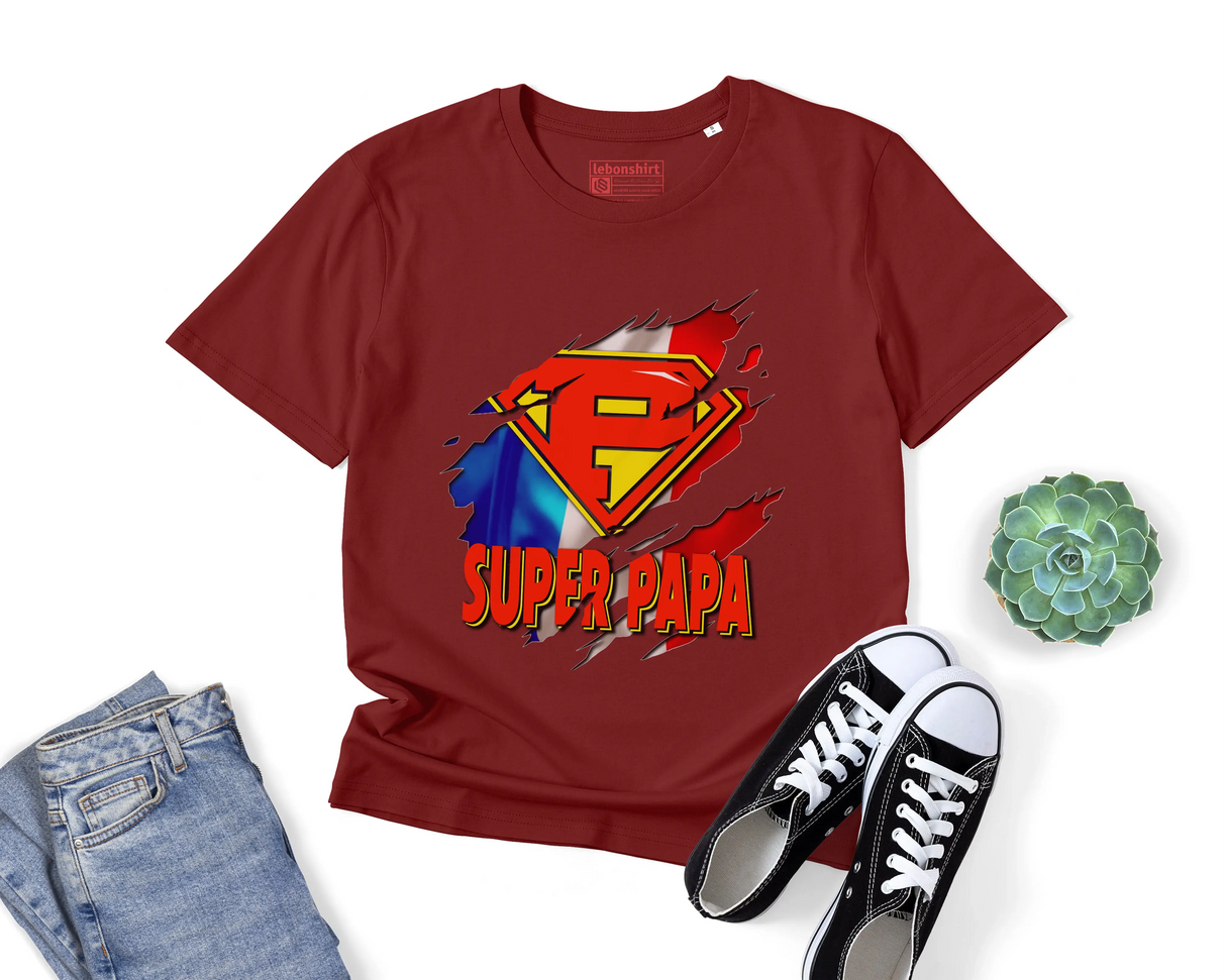 Lebonshirt® T-shirt Premium Homme Coton Bio - Super Papa, Drapeau France, Cadeau Idéal Pour Papa Héro - L100522S27 - Bordeaux