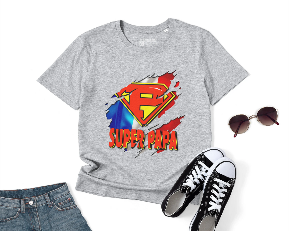 Lebonshirt® T-shirt Premium Homme Coton Bio - Super Papa, Drapeau France, Cadeau Idéal Pour Papa Héro - L100522S27 - Gris