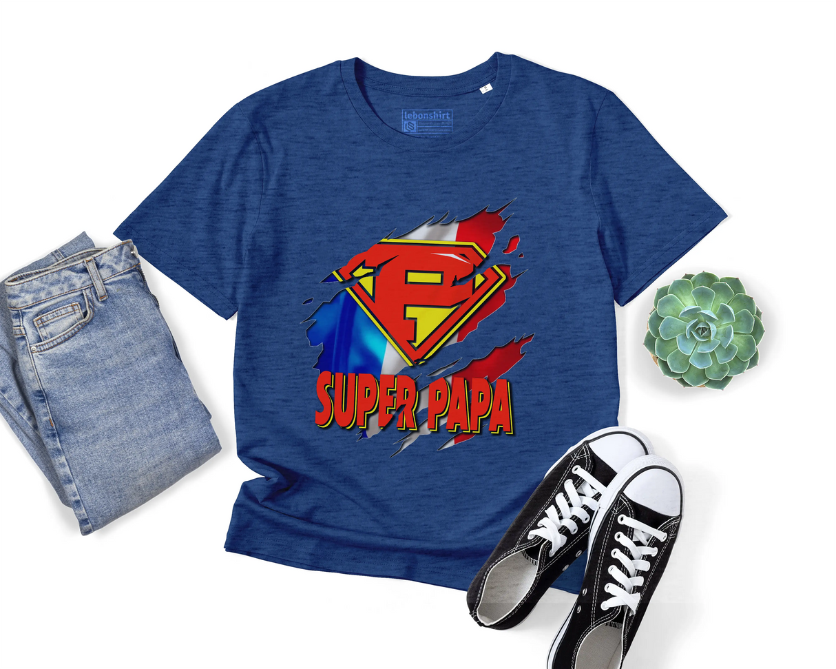 Lebonshirt® T-shirt Premium Homme Coton Bio - Super Papa, Drapeau France, Cadeau Idéal Pour Papa Héro - L100522S27 - Indigo