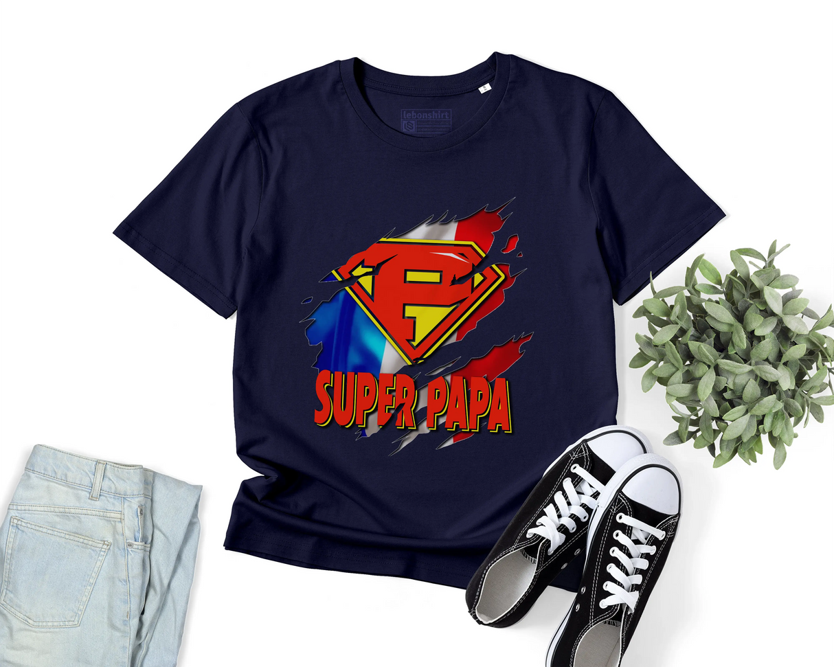 Lebonshirt® T-shirt Premium Homme Coton Bio - Super Papa, Drapeau France, Cadeau Idéal Pour Papa Héro - L100522S27 - Marine