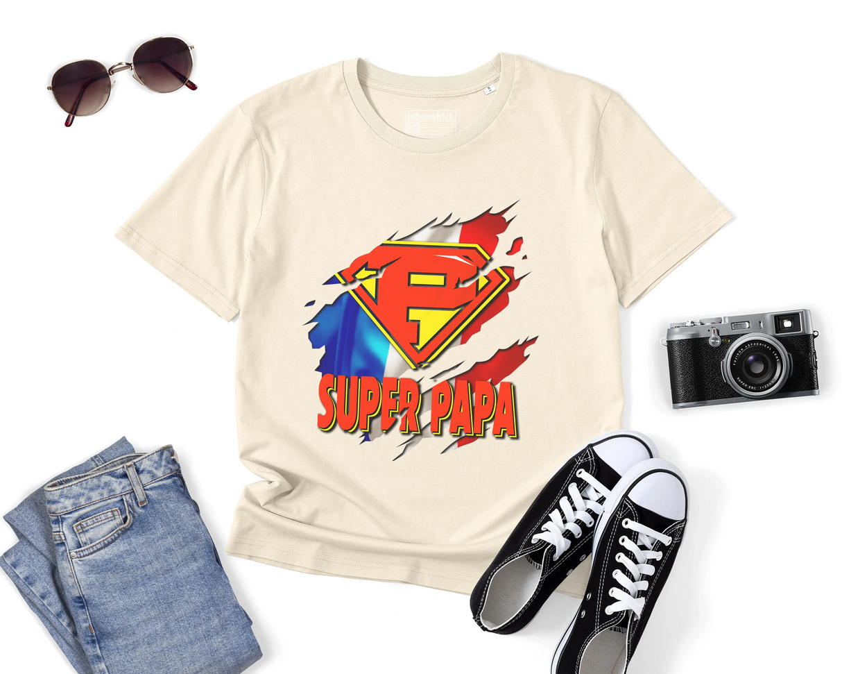 Lebonshirt® T-shirt Premium Homme Coton Bio - Super Papa, Drapeau France, Cadeau Idéal Pour Papa Héro - L100522S27 - Naturel
