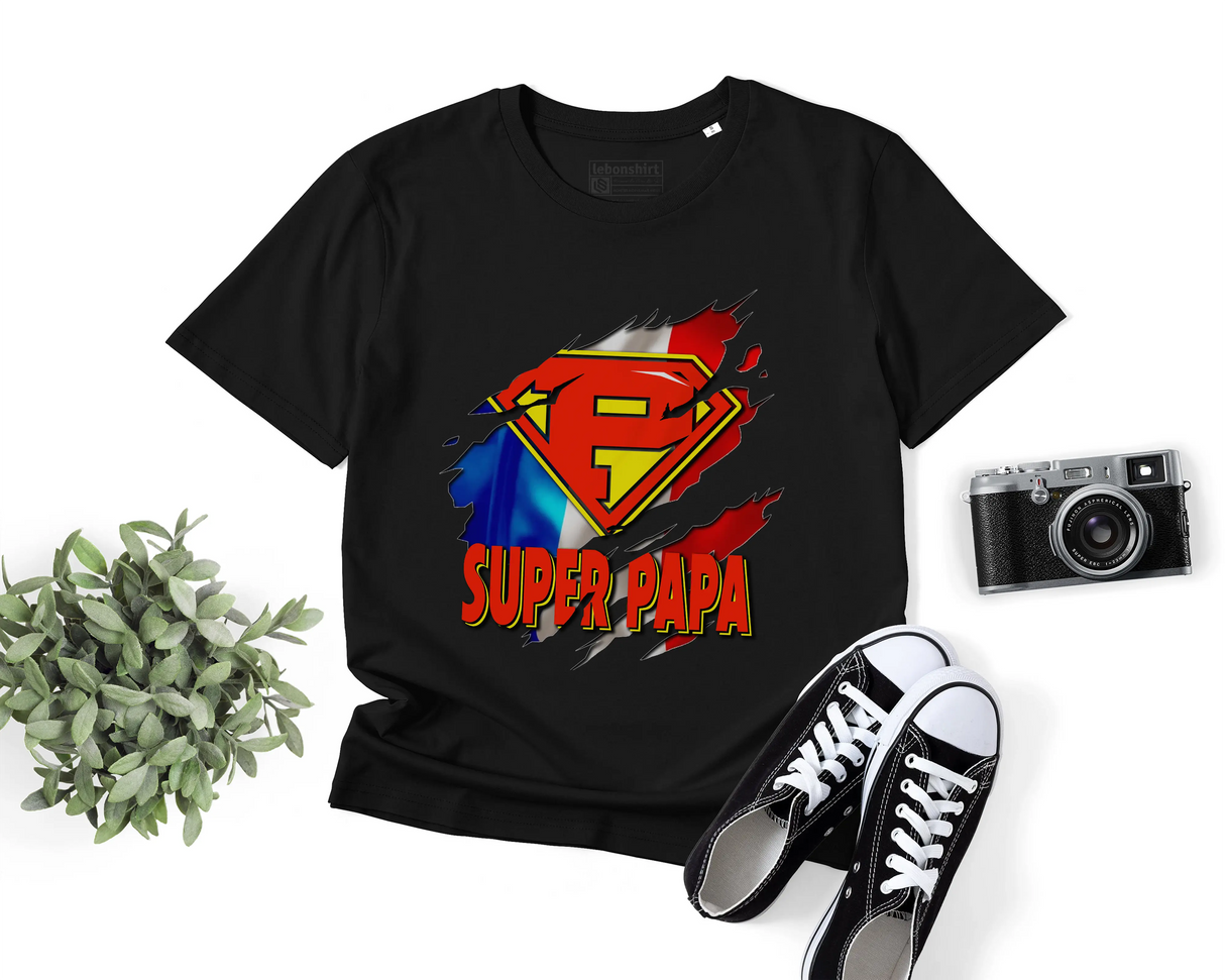 Lebonshirt® T-shirt Premium Homme Coton Bio - Super Papa, Drapeau France, Cadeau Idéal Pour Papa Héro - L100522S27 - Noir