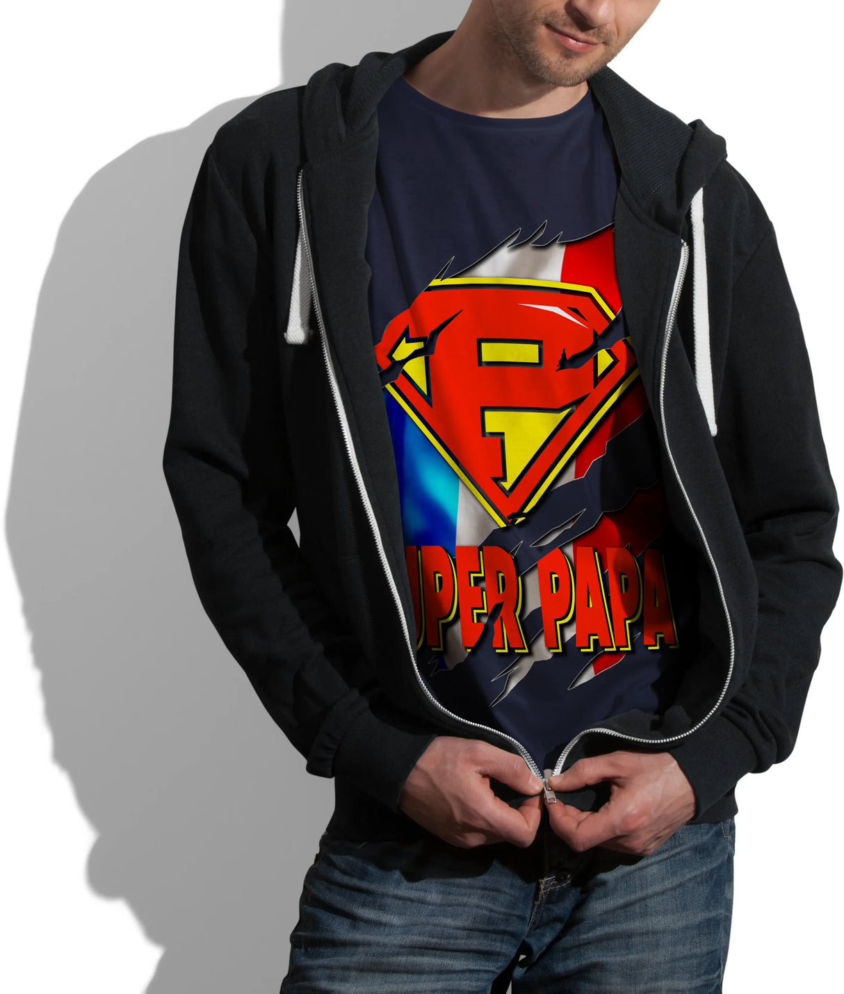 Lebonshirt® T-shirt Premium Homme Coton Bio - Super Papa, Drapeau France, Cadeau Idéal Pour Papa Héro - L100522S27