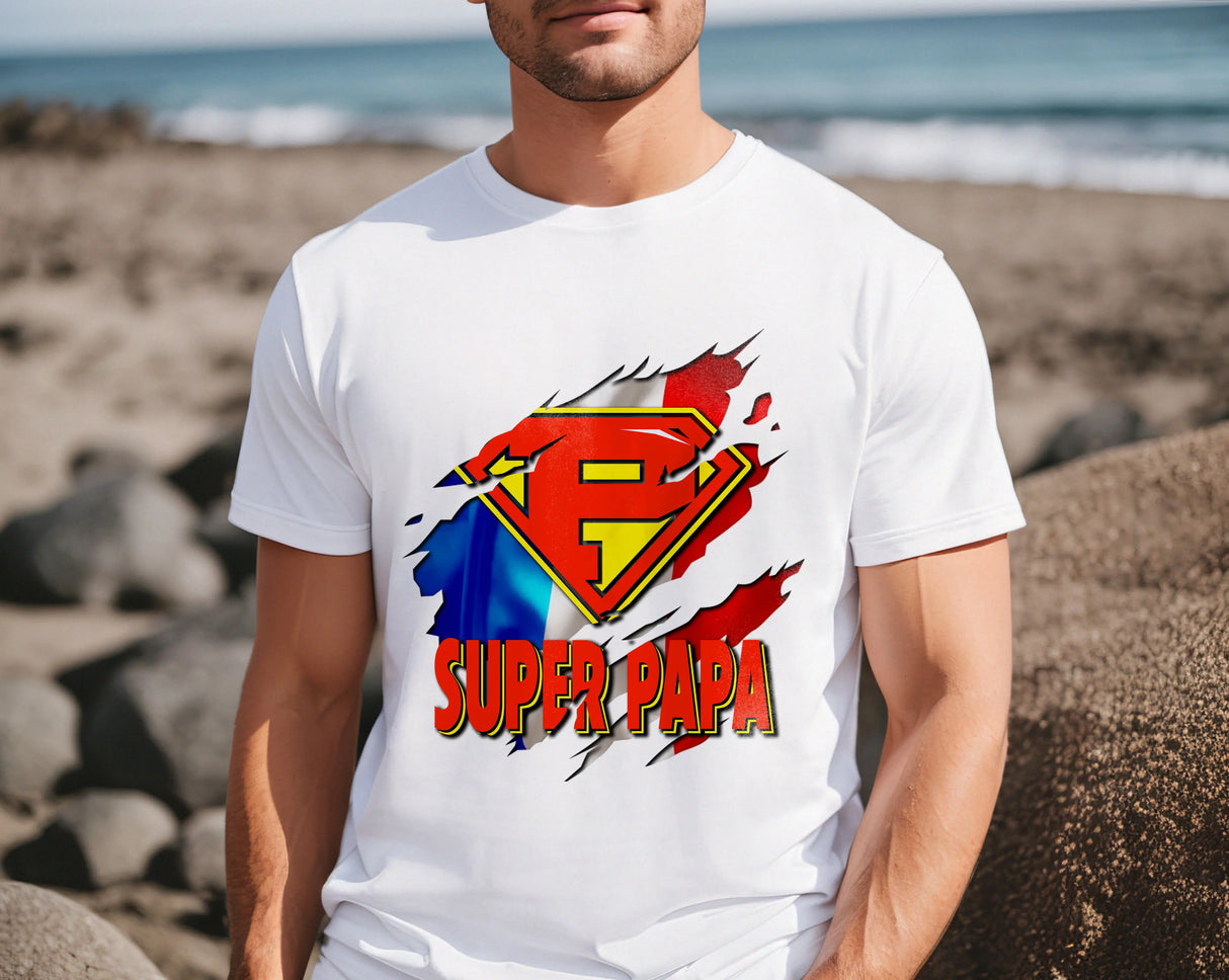 Lebonshirt® T-shirt Premium Homme Coton Bio - Super Papa, Drapeau France, Cadeau Idéal Pour Papa Héro - L100522S27 Mq2