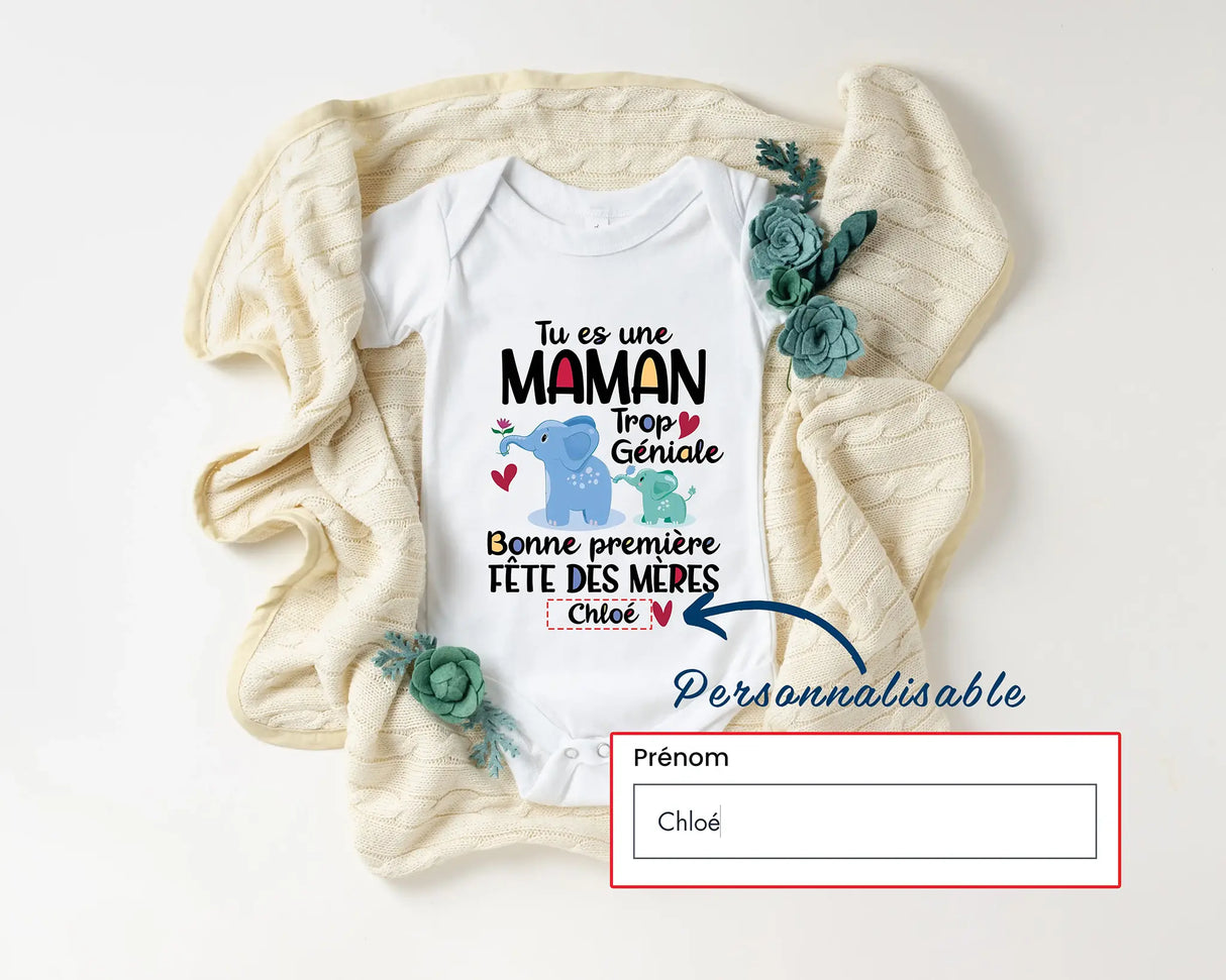 Lebonshirt - Body Bébé Coton Bio - Maman Géniale, Bonne Première Fête Des Mères, Prénom Bébé Personnalisé - L140523S01 Personnaliser Avec Prénom