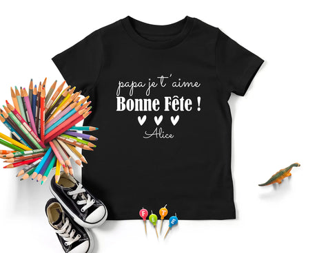 Lebonshirt - T-shirt Enfant Premium Coton Bio - Papa Je T'aime, Bonne Fête - L040623S02 Noir